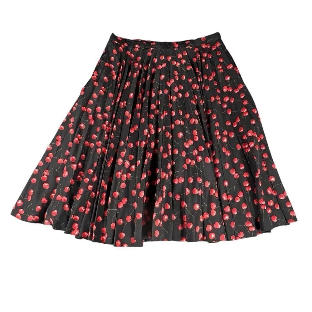 J. Crew Sz 10 L Black Red Cherry Fruit Print Knife Pleat Midi Skirt Red Black